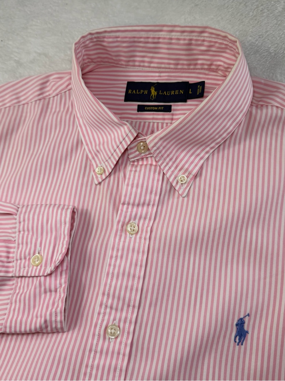 Ralph Lauren Custom Fit Pink White Stripe Button Down Shirt Men’s L